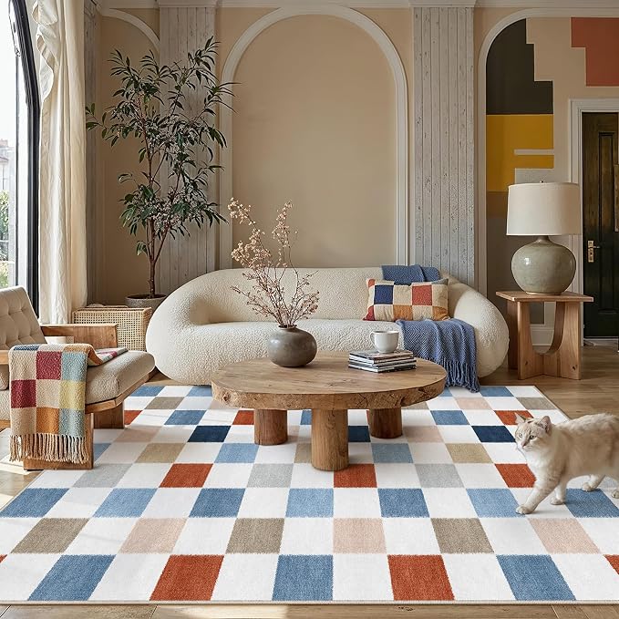 Colorful 8x10 Washable Area Rug Living Room Large Non Slip Carpet | Soft, Low Pile, Modern, Pet Friendly, Indoor Rugs for Bedroom, Office, Nursery, Dining Room, Kids Room