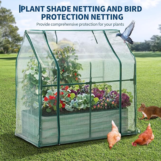 Garvee 48"x24"x12" Raised Garden Bed Kit with Pitched Roof Greenhouse Cover & Irrigation, 3-in-1 Metal Planter Box with Self-Watering System & Insect Mesh, Outdoor Raised Bed for Vegetables Flowers