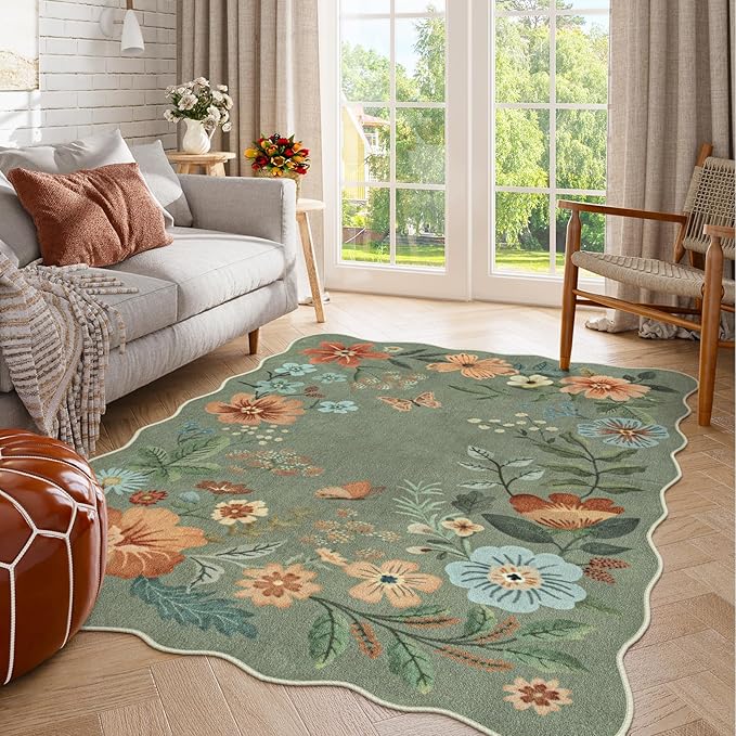Lahome Floral Washable Rugs, 4X6 Rug for Bedroom Ultra-Thin Soft Dining Room Rug, Non-Slip Living Room Rugs Stain Resistant Boho Rug Lightweight Flore Throw Rug for ‎Office (4x6ft,Green)