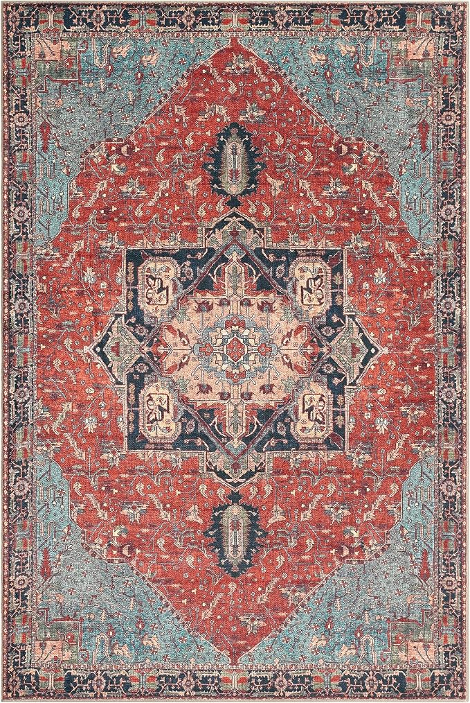 Keen Home Design Vintage Washable Area Rug, Non-Slip Low Pile, 8x10 | Machine Washable Cotton Chenille, 0.25In Low Pile, Rubber Non-Slip Back; Living Room, Bedroom, Dining Room, Office