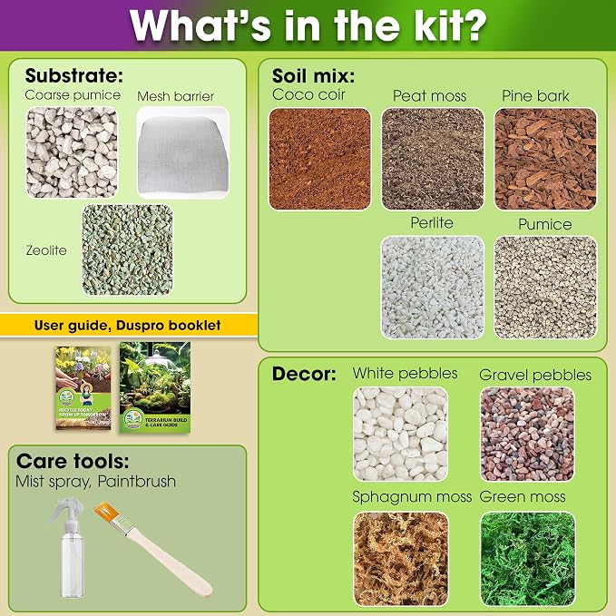 DUSPRO Terrarium Kit, Include Potting Soil, Pumice, Zeolite, Green Moss, Sphagnum Moss, Decorative Stone, Mesh, Tools, DIY Terrarium Kit for Kids, Air Plant, Succulent