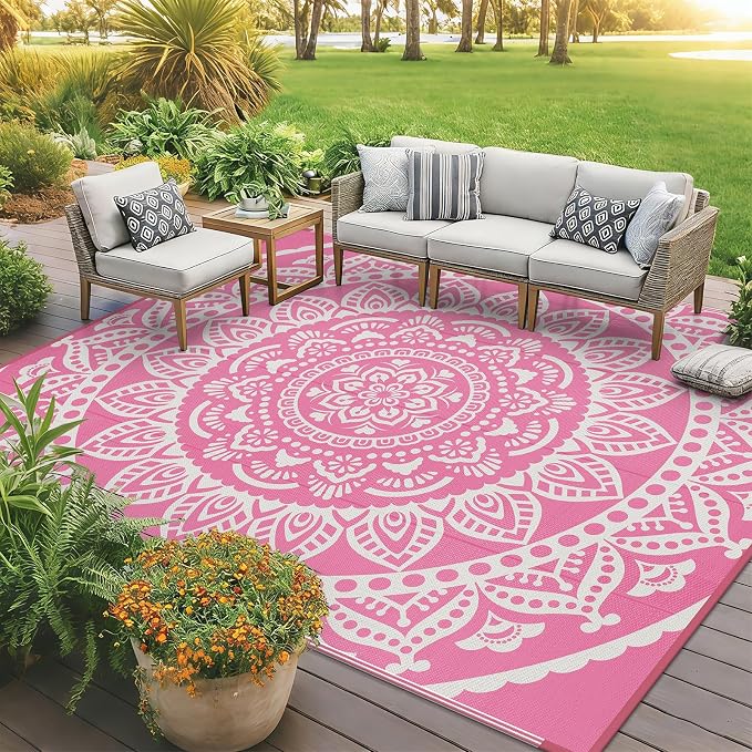 Bsmathom Waterproof Outdoor Rug 8'x10' Reversible Boho Plastic Straw Patio Deck Camping Rugs, Indoor Outdoor Portable RV Mat Clearance Carpet for Outside, Porch, Balcony, Backyard, Beach, Pool,Pink