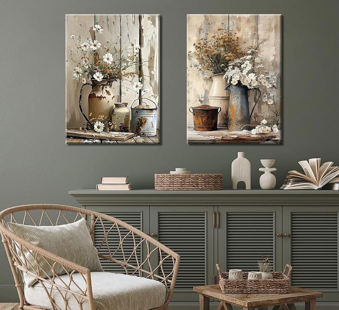 Rustic Farmhouse Daisy Canvas Wall Art Vintage Country Floral Posters Print Bathroom Flower Still Life Botanical Pictures Painting White Jasmine Flowers And Rust Color Watering Can Wall Decor Framed