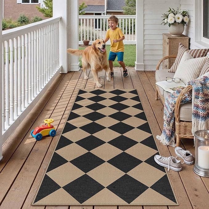 PureCozy 2x6 Checkered Easy Jute Runner Rug Non Slip Hallway Kitchen Washable Outdoor Rug for Entryway Indoor Checkerboard Black Indoor Outdoor Carpet for Bedside Entry Front Door Porch