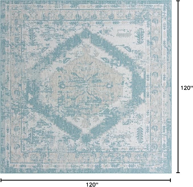 Unique Loom Outdoor Traditional Collection Area Rug - Valeria (10' Square, Aqua/ Ivory)