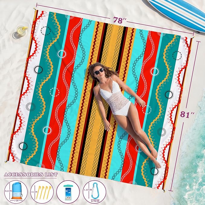 Famstar Beach Blanket Oversized Extra Large 78"X81"/10'X9',Waterproof Sandproof Beach Blanket 2-8 Adults Lightweight Durable for Travel Camping Hiking Picnic