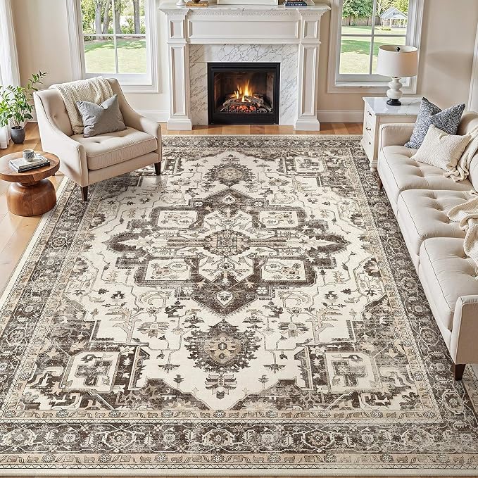 Vintage Washable 6x9 Area Rug for Living Room, Dark Brown | Soft Low Pile Rug with Non-Slip Backing, Stain Resistant for Bedroom or Dining Room, Kid & Pet Friendly