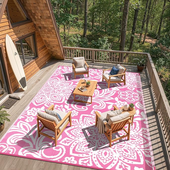 Findosom Waterproof Outdoor Rug 8' x 10' - Reversible Mandala Outdoor Plastic Straw Rug, Durable Foldable Patio Rug for RV, Deck, Balcony, Backyard, Picnic, Porch, Camping, Beach, Pink
