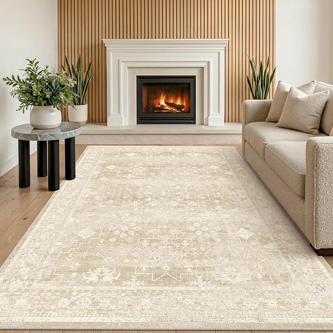 Washable 5x7 Creamy Beige and Yellow Area Rug for Bedroom, Dining Room Table, Baby Nursery, Kids Room Playroom, Shabby Chic Neutral Distressed Geometric Large Rug, Stain Resistant Low Pile Non-Slip