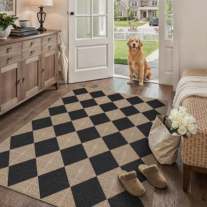 PureCozy 4x6 Checkered Easy Jute Area Rug for Living Room Checkerboard Washable Indoor Outdoor Carpet Farmhouse Patio Office Mat Textured Diamond Non Slip Black Carpet for Dorm Backyard Dining Room