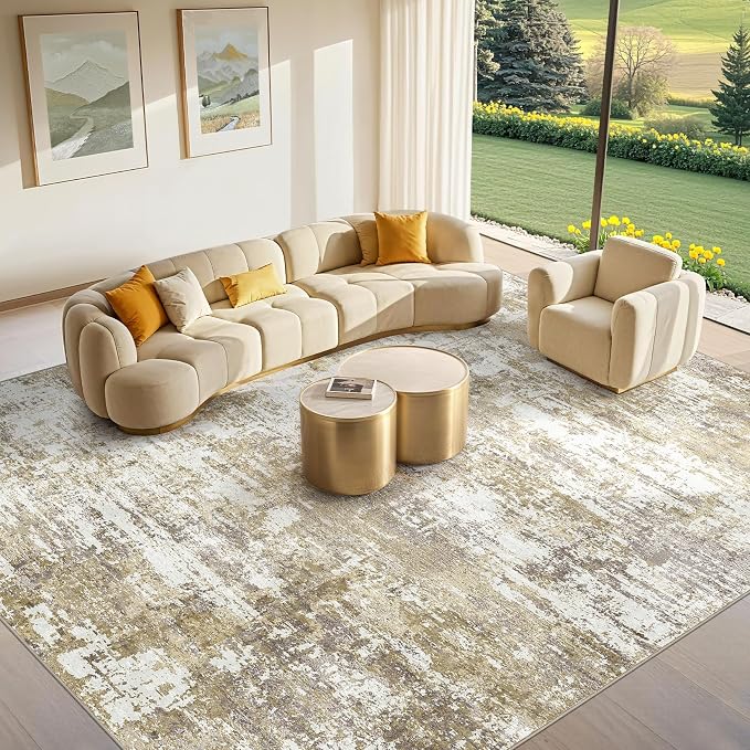 Tortania Area Rug Living Room Rugs - 6x9 Modern Abstract Neutral Large Soft Thin Rugs - Non Slip Indoor Carpet for Bedroom Dining Room Office Nursery Home Floor Decoration - Golden Brown