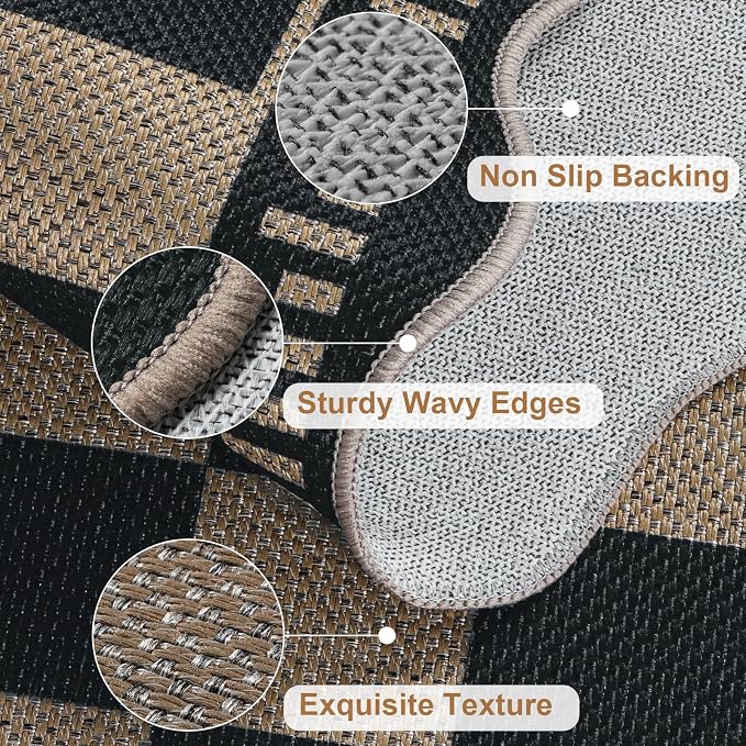 Checkered Easy Jute 4x6 Outdoor Patio Rug, Washable Indoor Outdoor Black Kitchen Rugs Farmhouse Neutral Non Slip Area Rug for Living Room Backyard Bedroom