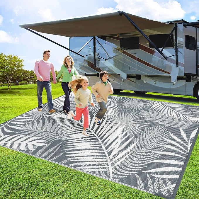 Outdoor Reversible Plastic Straw Rug, 9'x12', Cool Gray, Large Patio Mat for RV, Backyard, Deck, Picnic, Beach, Trailer, Camping