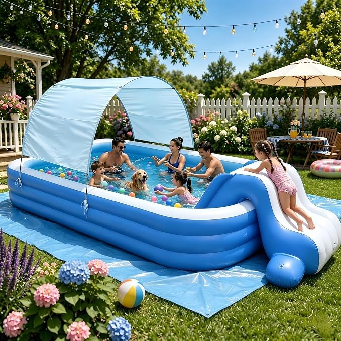 10 FT Inflatable Pool with Water Slide & UV Sun Canopy, 119x68x20 Inch Large Family Blow Up Pool for Kids, Adults & Pets, Heavy Duty PVC for Backyard Summer Water Party