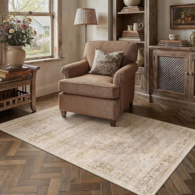 3x5 Beige Farmhouse Area Rug | Washable, Non Slip, Soft Low Pile, Neutral Vintage, for Entryway Kitchen Bathroom Living Room Bedroom Indoor Home Decor