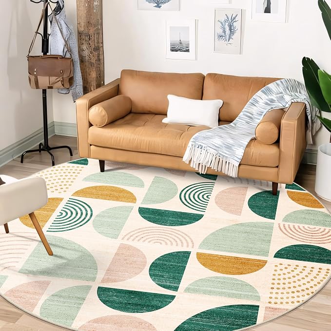 Round Rugs 6ft,Circle Area Rug Washable Non Slip Modern Abstract | Large Circular Rugs for Living Room Dining Room Boho Throw Carpet Soft Low Pile Floor Indoor Bohemian Sage Green