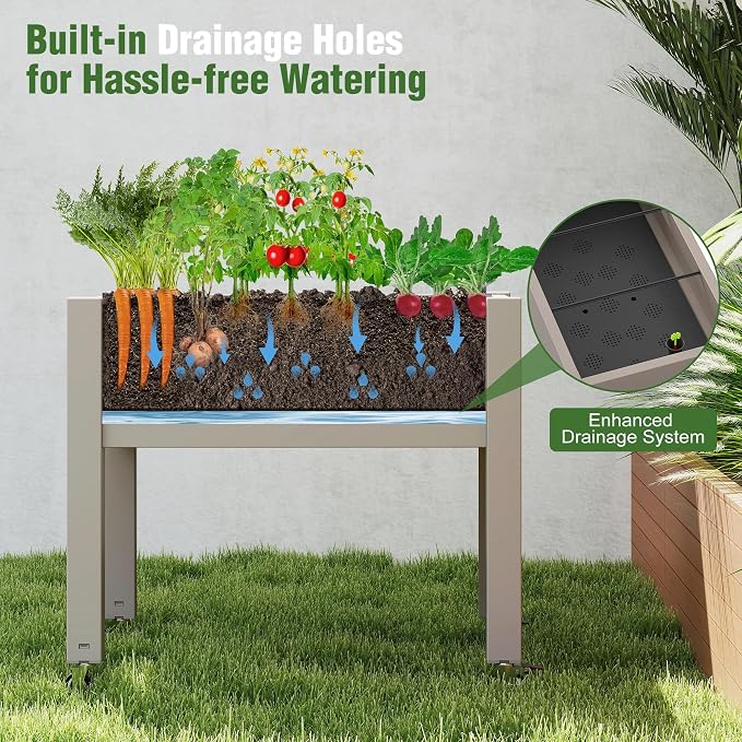 Elevated 26.3" Tall Raised Garden Bed with Wheels - Outdoor Mobile Resin Planter Box with Drainage Holes for Vegetables Flower Herbs, Weather Resistant, Medium Gray (26.3" h)