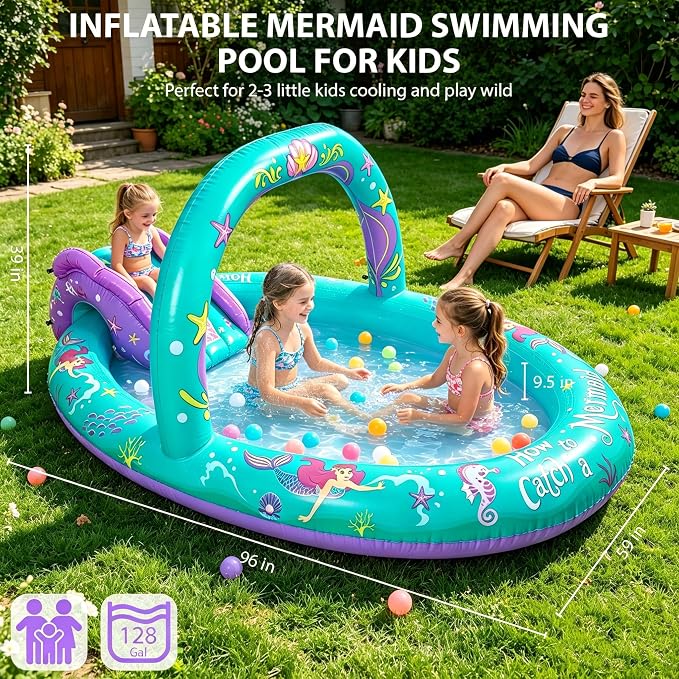 SULIFEEL 2026 Inflatable Mermaid Play Center Kiddie Pool with Slide and Sprinkler for Children, Summer Splashing Baby Pool for Backyard and Garden 96"x59"39"