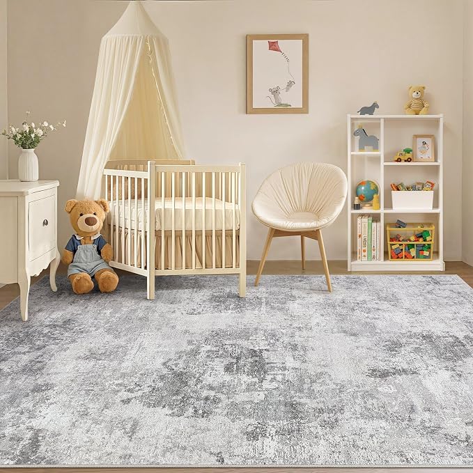 Tortania Washable 7x9 Area Rug for Living Room: Modern Abstract Neutral Large Soft Thin Rugs - Non Slip Indoor Carpet for Bedroom Dining Room Office Nursery Home Floor Decoration - Smoky Gray