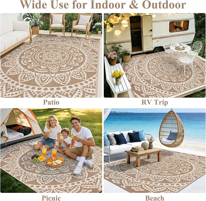 Bsmathom Waterproof Outdoor Rug 8'x10' Brown | Reversible, Boho Plastic Straw, Portable RV Mat, For Patio, Deck, Camping, Porch, Balcony, Backyard, Beach, Pool