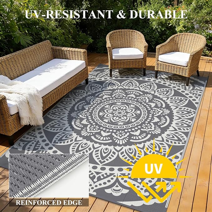Bsmathom Waterproof Outdoor Rug 5'x8' Grey | Reversible, Boho Plastic Straw, Portable RV Mat, Indoor Outdoor, For Patio Deck Camping Beach Pool