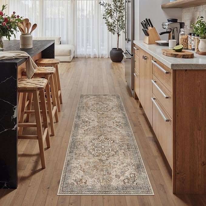 Brown Runner Rug 2x6 Kitchen Vintage Floral Non-Slip Carpet | Machine Washable, Soft, Low Pile, Distressed, for Hallway, Entryway, Laundry Room, Bathroom, Retro Farmhouse Decor
