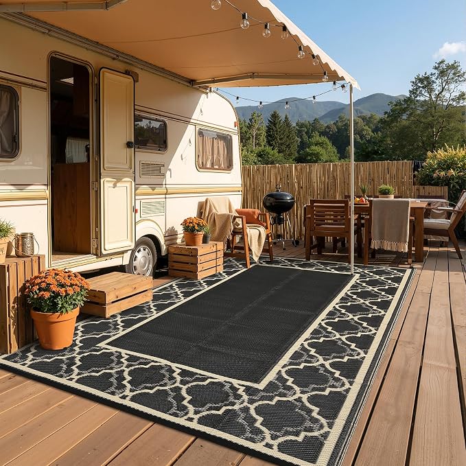 Garvee Reversible Outdoor Rug 9x12, Waterproof Outdoor Plastic Straw Rug with Interlacing Pattern, RV Mat for Picnics, Patio, Camping, Balcony, Deck, Backyard, Porch, Coffee