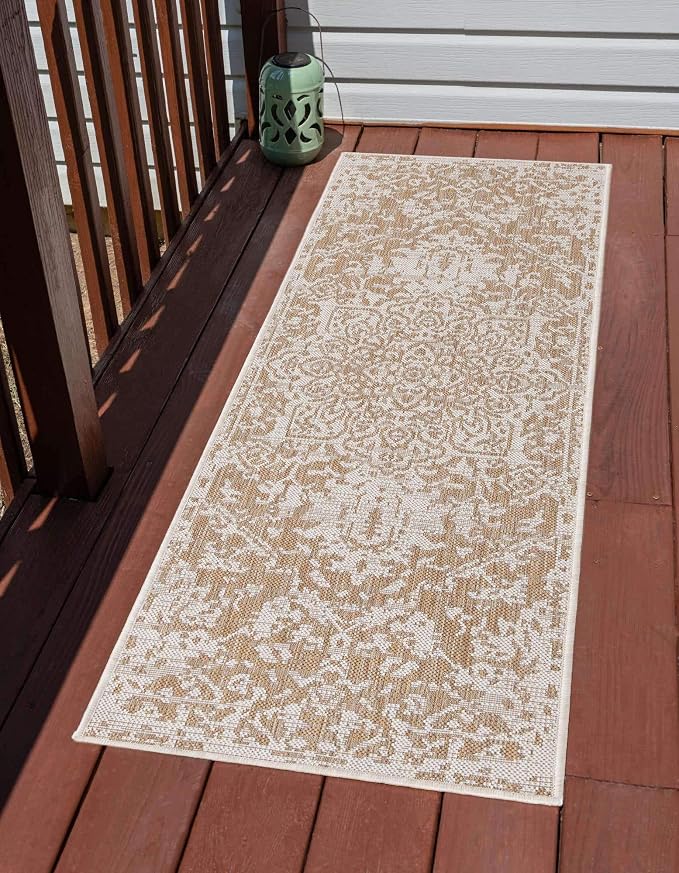 Unique Loom Outdoor Collection Area Rug - Dubai (2' x 6' 1" Runner, Beige/ Brown)