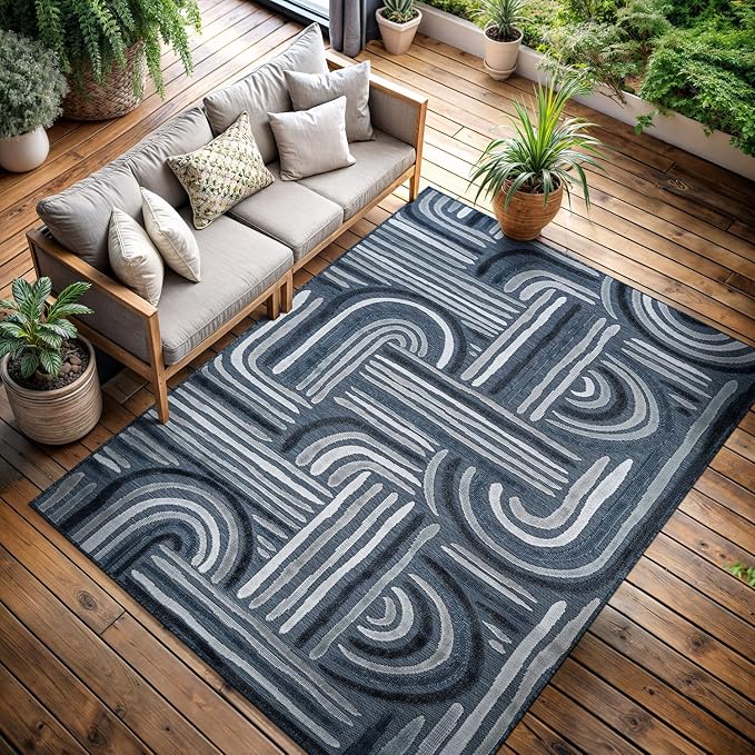 CAMILSON Indoor Outdoor Rug, Navy Blue 9x12 Geometric Arch Striped Large Area Rugs for Patio and Home Areas, Easy-Cleaning Non-Shedding Living Room, Garden and Deck Washable Outside Carpet (9 x 12)