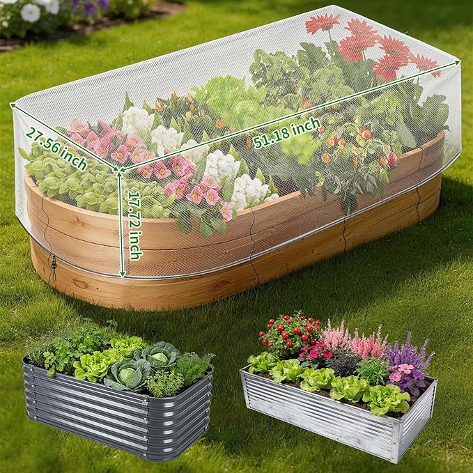 4 Packs Garden Netting for Raised Beds, 4x2 FT Raised Bed Plant Covers, Plant Netting with Drawstring for Protecting Vegetables Fruits Flowers Raised Beds