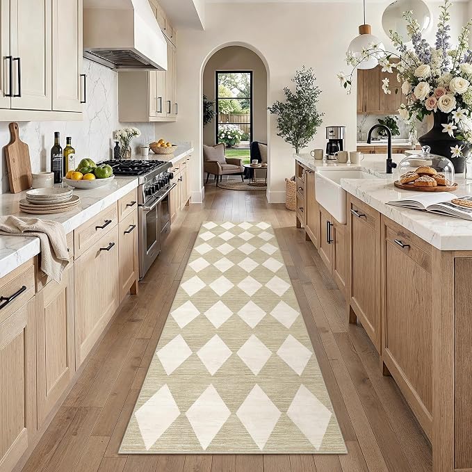 3x8 Washable Runner Rug Kitchen Beige Non Slip Checkered Carpet | Soft, Low Pile, Easy Clean, Diamond Pattern for Hallway, Entryway, Laundry Room, Bathroom, Modern Neutral Decor