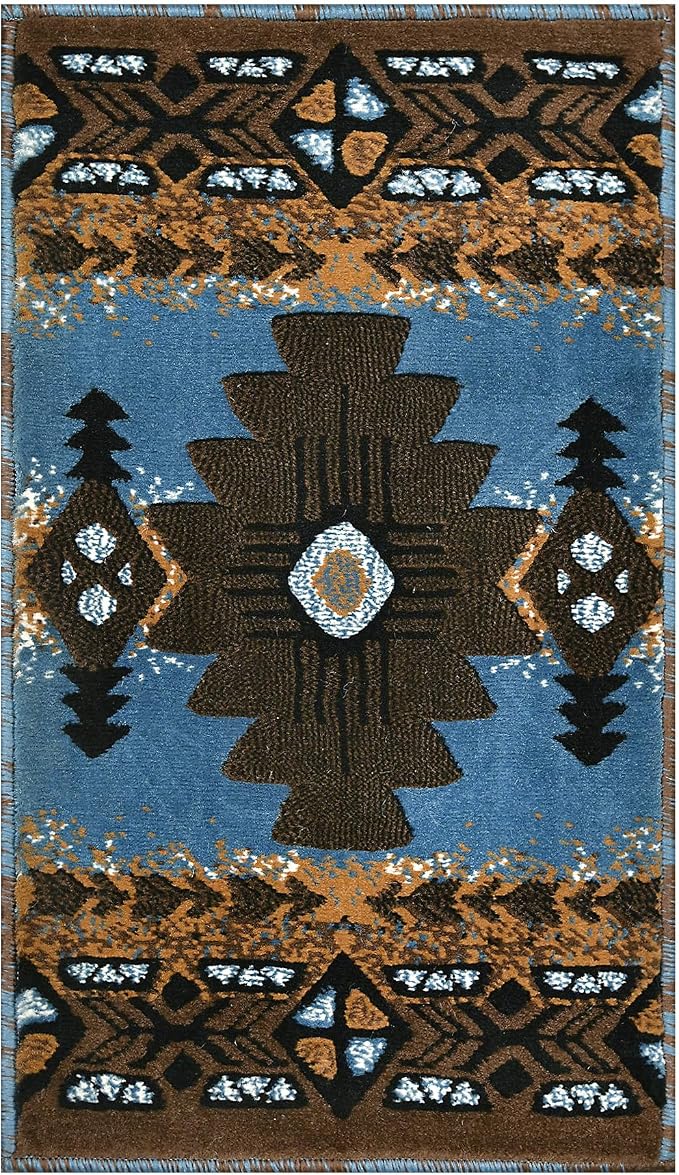 YHSF South West Native American Area Rug C318 - Easy Clean, Thick, Soft, Durable Native Tribal American Indian Inspired Rug for Bedroom/Living Room and More - Blue-Brown, 16 Inches x 28 Inches