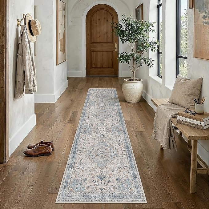 Blue Runner Rug 2.6x10 Entryway Vintage Floral Non-Slip Carpet | Machine Washable, Soft, Low Pile, Distressed, for Hallway, Kitchen, Laundry Room, Bathroom, Retro Neutral Decor