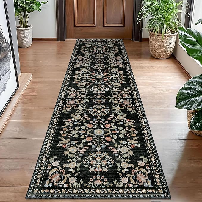 Washable Runner Rug 2x8 Area Rugs Non Slip Ultra-Thin Floral | Boho Long Throw Carpet Runner for Kitchen Bathroom Hallway Bedroom Entryway Laundry Floor Indoor Low Pile Boho Vintage Black
