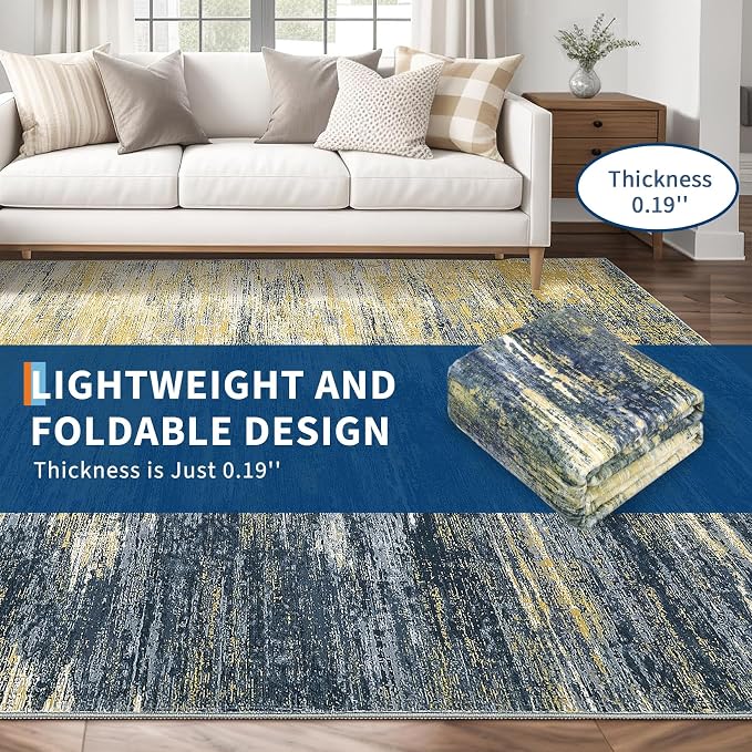 ROYHOME Modern Abstract Living Room Rug 8x10, Yellow/Black | Washable Area Rugs for Bedroom, Stain Resistant Non Slip Large Rug, Soft Indoor Carpet for Dining Room Table Home Decor