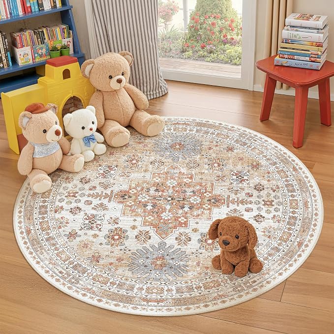 Round Rug 6ft,Circle Rug for Dining Room Table,Orange | Washable Rugs for Kitchen,Entryway,Bedroom,Dining Room,Nursery Room,Thin,Soft Runner Rug,Stain Resistant Indoor Carpet
