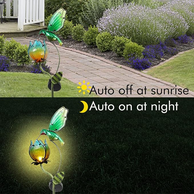 TERESA'S COLLECTIONS Glass Flower Bird Pathway Solar Outdoor Light for Garden Decor, 39'' Tulip and Hummingbird Metal Decorative Stakes Yard Art for Lawn Patio Porch Decorations, Gifts for Mom