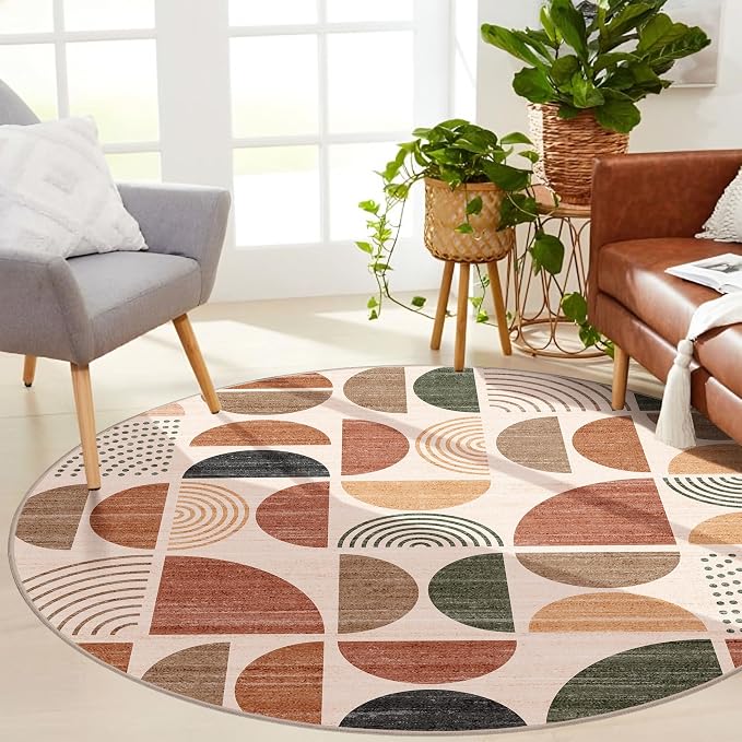 Round Rugs 6ft,Circle Area Rug Washable Non Slip Modern Abstract | Large Circular Rugs for Living Room Dining Room Boho Throw Carpet Soft Low Pile Floor Indoor Bohemian Terracotta