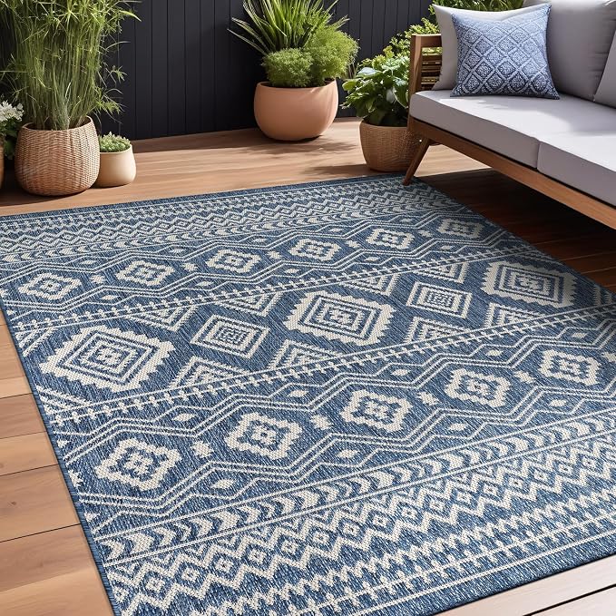 Beverly Rug Waikiki Boho Indoor Outdoor Rug 8x10, Washable Outside Carpet for Patio, Deck, Porch, Bohemian Area Rug, Farmhouse Rugs, Aztec Tribal Rug, Azure and White