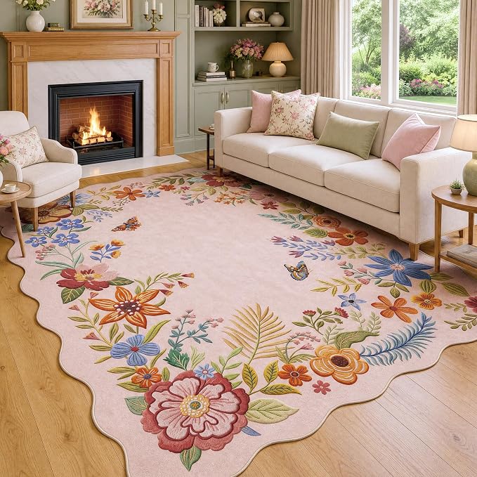 FMFUNCTEX 6x9 Washable Blush Pink Floral Scalloped Area Rug for Living Room | Vintage Flower Colorful Traditional Boho Distressed Soft Non Slip Low Pile Large Pattern Indoor Carpet Dining Bedroom Nursery