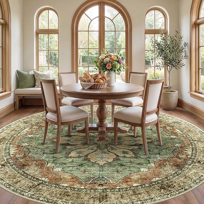 RELEANY Washable Area Rug, Round 8ft, Brick/Brown/Green | Non-Slip, Water Repellent, Pet Friendly, Easy to Clean, Vintage Floral Boho Decor for Living Room Bedroom Dining Room