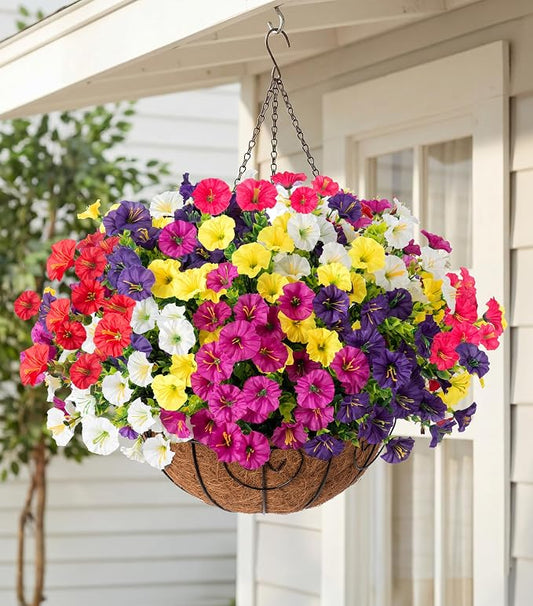 Artificial Faux Hanging Plants Flowers for Outdoors Baskets Spring Outside Decor, Fake Silk Morning Glory in Planter Look Real UV Resistant Outdoor Flowers for Porch Patio Balcony Garden Yard Home