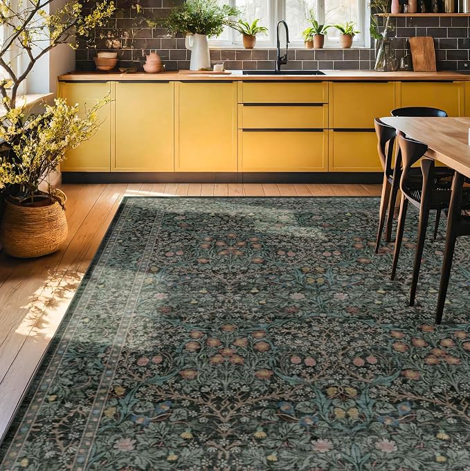 Vintage Dark Green Living Room Rug, 7x10 Washable Area Rugs for Dining Room Under Table, Bedroom, Oriental Low Pile Stain Resistant Non-Slip Thin Soft Carpet
