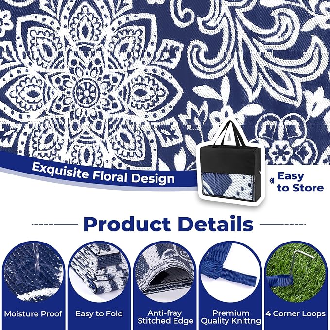 Findosom Waterproof Outdoor Rug 5' x 8' - Reversible Mandala Outdoor Plastic Straw Rug, Durable Foldable Patio Rug for RV, Deck, Balcony, Backyard, Picnic, Porch, Camping, Beach, Navy