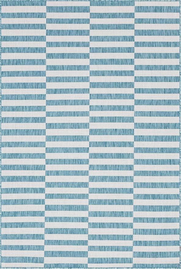 Unique Loom Outdoor Striped Collection Area Rug - Striped (6' 1" x 9' Rectangle, Light Aqua/Ivory)