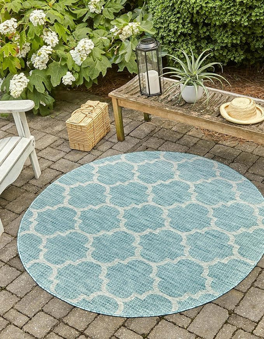 Unique Loom Trellis Collection Area Rug-Lattice Design, Moroccan Inspired for Indoor/Outdoor Décor, 3 ft 3 in x 3 ft 3 in Round, Aquamarine/Gray