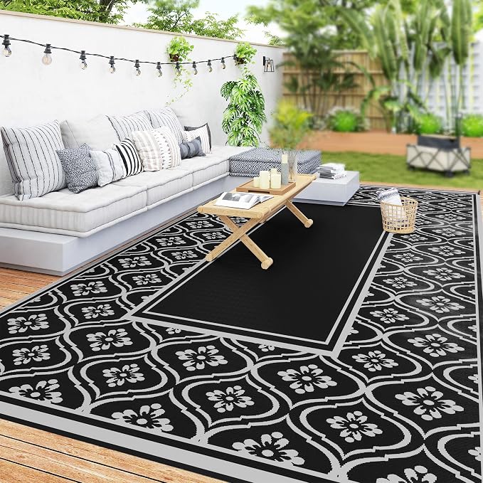 Outsunny Outdoor Rug for Patio, 9' x 18' Waterproof Large Mat, Reversible Plastic Straw Rug for Decor, Portable Outside RV Camping Area Carpet Mat for Backyard Porch Deck Picnic, Black & Gray Gourd