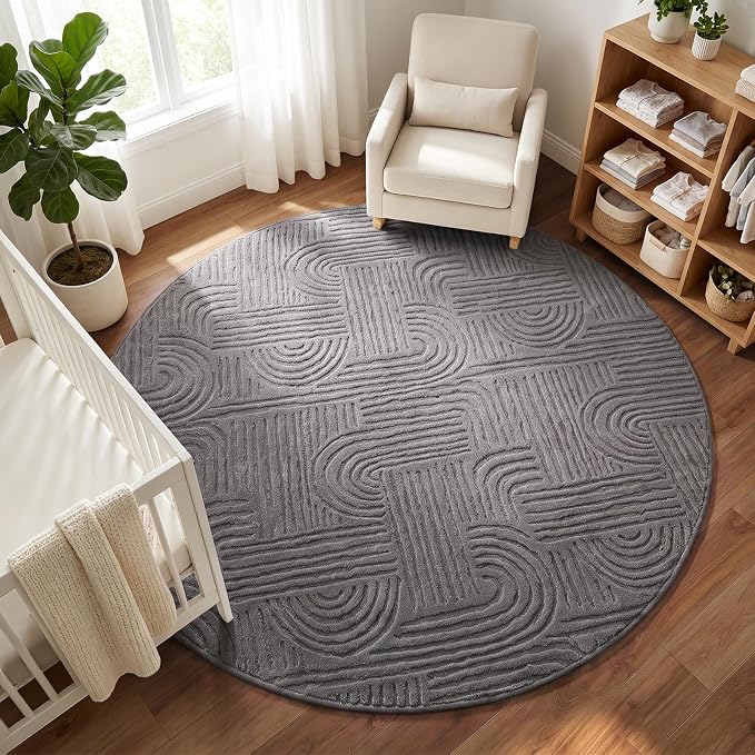 Etwel 6.5 ft Dark Gray Geometric Textured High-Low Pile Washable Round Rug | Modern Soft Carpet, Non-Slip PVC Backing, Low Profile, Kid and Pet Friendly, for Living Room, Bedroom, Dining Room, Nursery