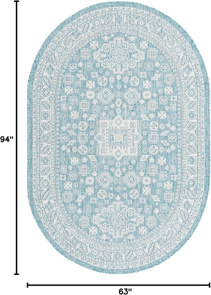 Unique Loom Outdoor Aztec Collection Area Rug - Chalca (5' 3" x 7' 10" Oval, Aqua/ Ivory)