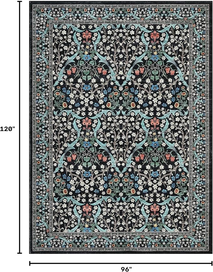GarveeHome 8x10 Area Rugs, Washable Rugs for Living Room Non Slip Stain Resistant Ultra Soft Floral Rug, Boho Carpet Floor Mat for Bedroom Dining Room Nursery Playroom Office, Black
